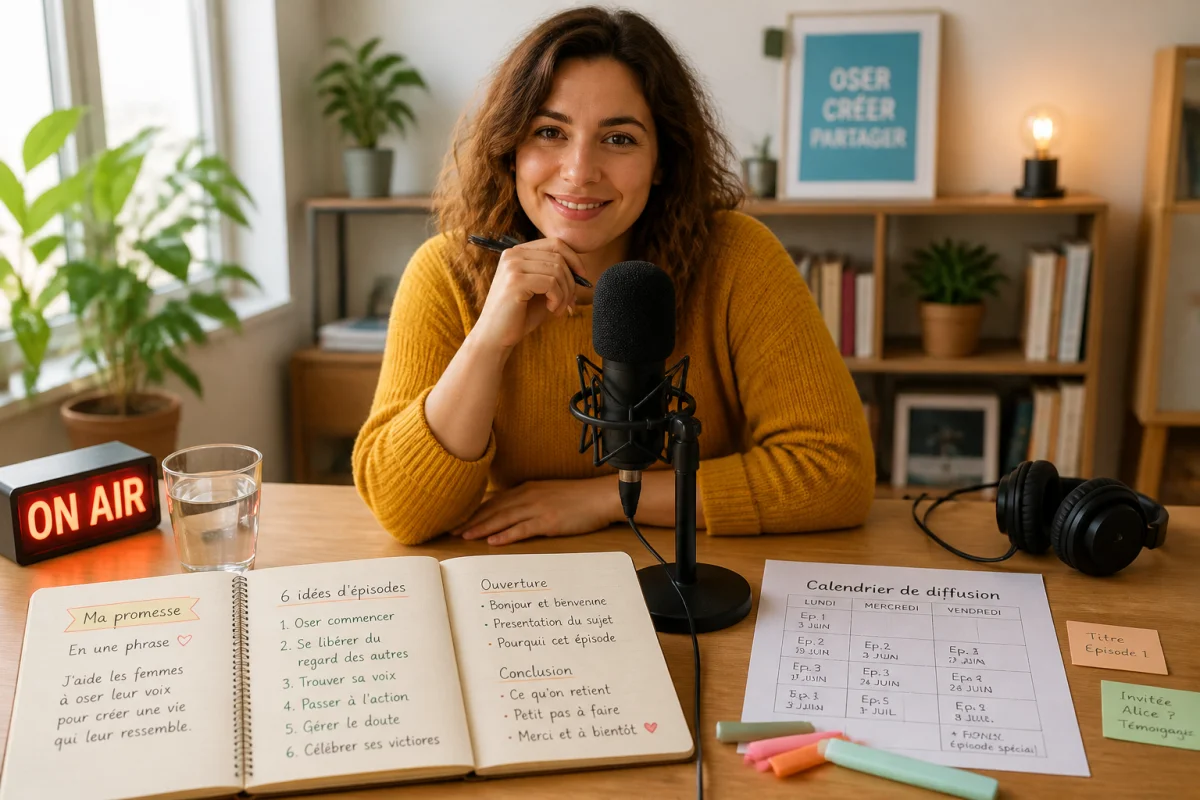 Créatrice préparant une série audio devant un microphone, avec plan d’action, idées d’épisodes et calendrier de diffusion ойоштор