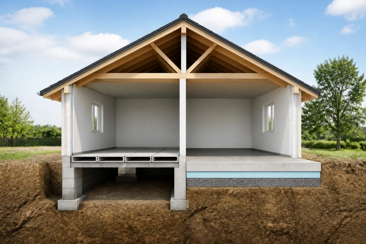 Comparaison en coupe entre un vide sanitaire ventilé et une dalle pleine reposant directement sur le sol