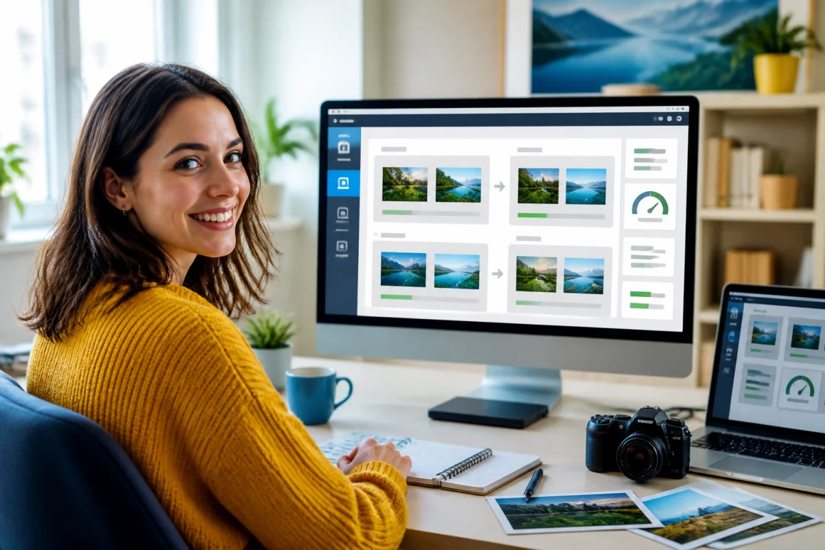 Créatrice souriante préparant un blog WordPress avec des images optimisées et compressées sur un écran, dans un bureau lumineux