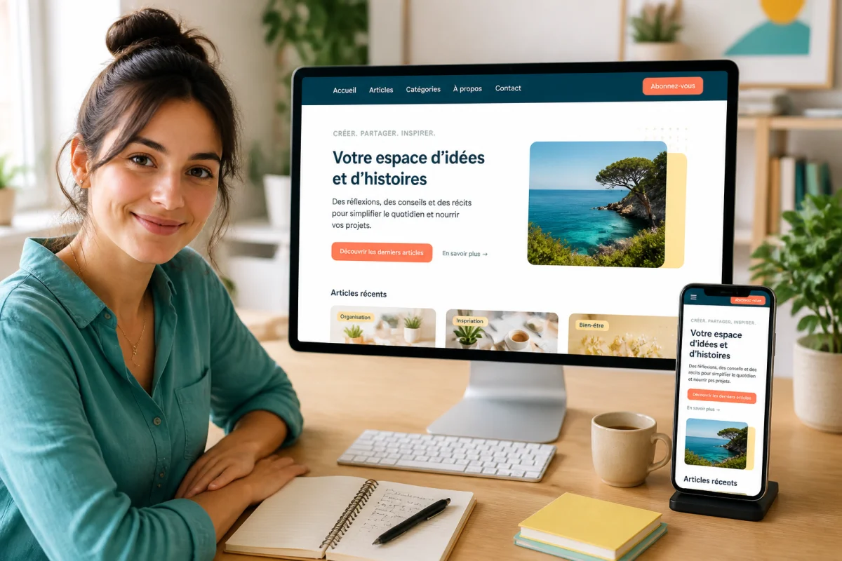 Créatrice configurant un blog WordPress responsive sur ordinateur et smartphone dans un bureau lumineux et épuré