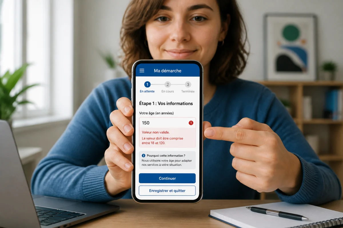 Personne utilisant un smartphone pour créer une page web interactive accessible, avec boutons tactiles espacés et message d’erreur explicatif
