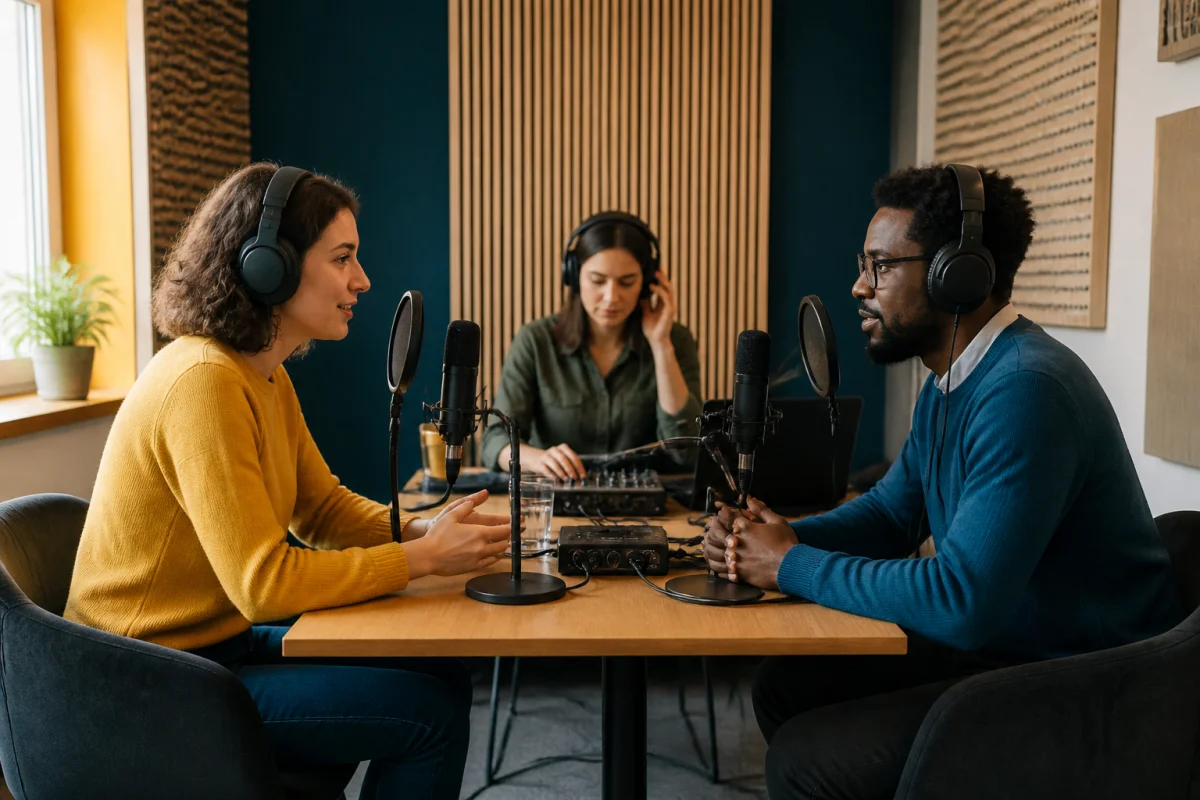 Interview audio en studio avec deux intervenants et une réalisatrice vérifiant les niveaux pour créer une série audio captivante