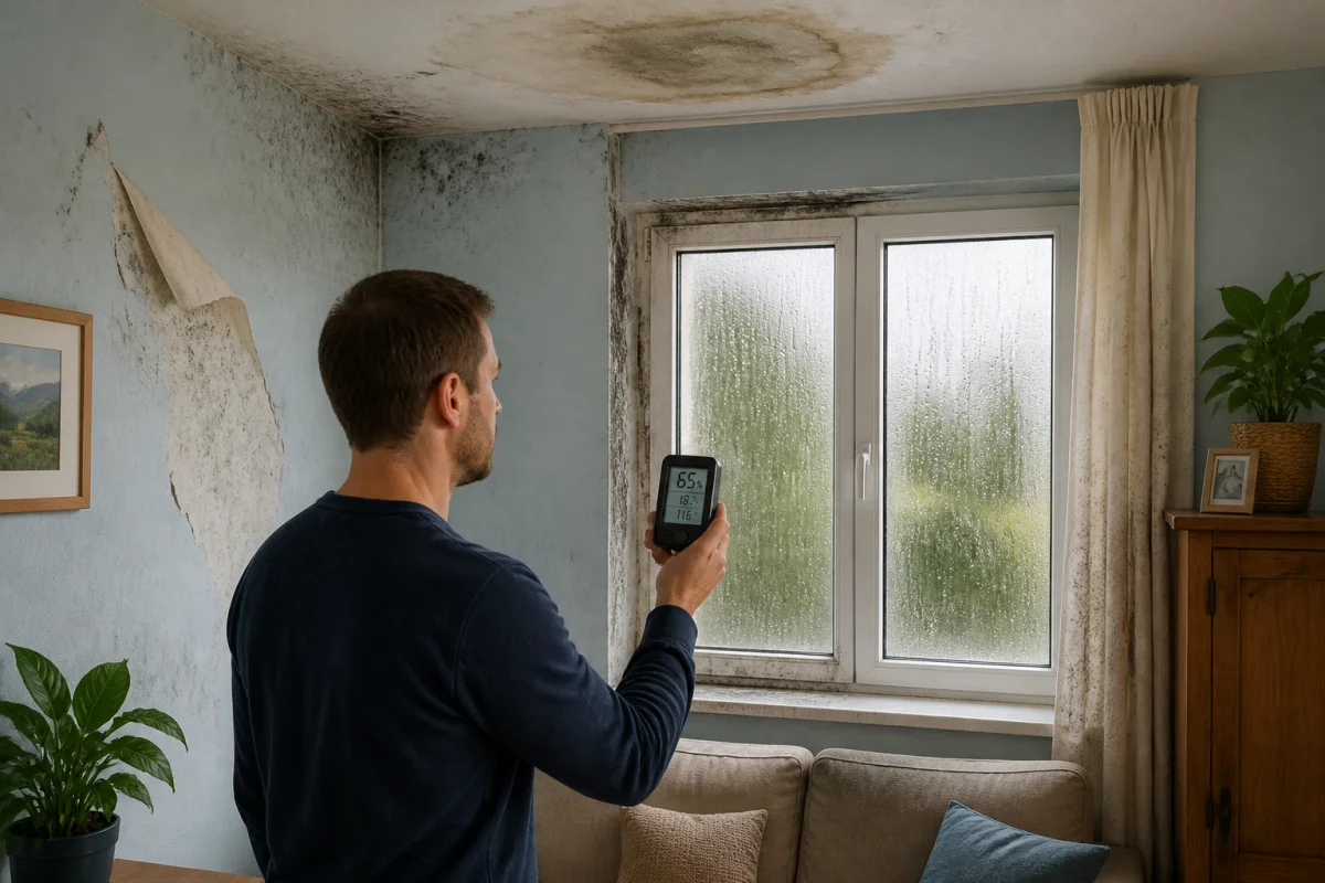 Personne mesurant l’humidité d’une pièce avec un hygromètre, face aux traces de condensation et de moisissure.