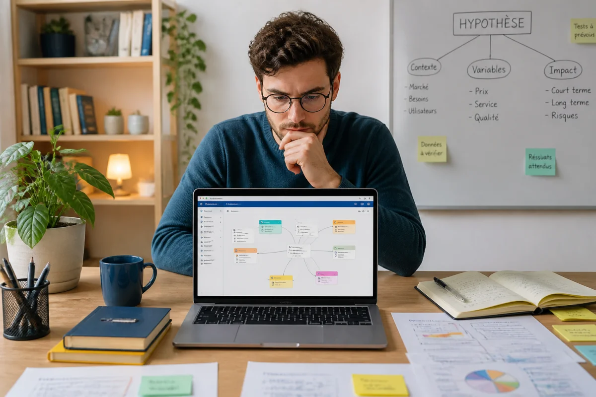 Personne explorant L'Hypothese sur ordinateur, entourée de notes structurées, schémas d’idées et graphiques simples.