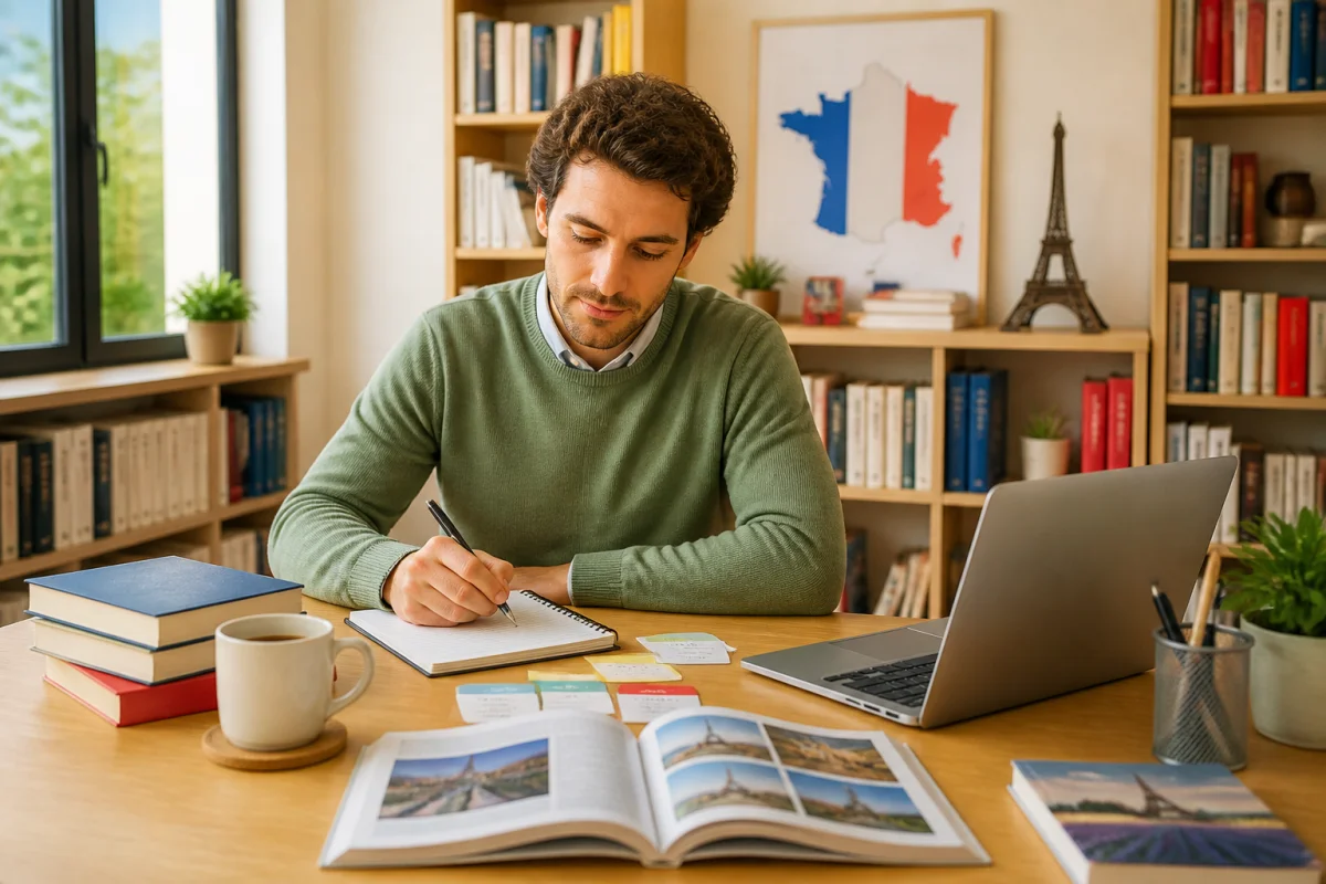 French Does : apprenant du français étudiant la langue et la culture françaises dans une bibliothèque lumineuse