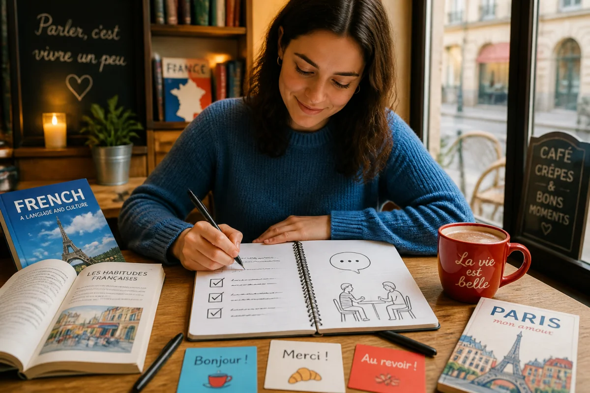 French Does : personne prenant des notes sur la culture française dans un café, carnet illustré et tasse chaude.