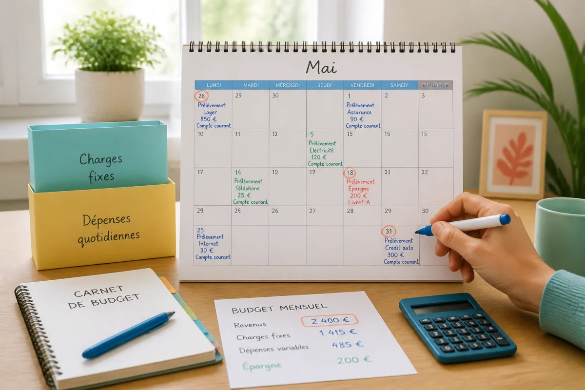 Calendrier mensuel annoté des prélèvements et montants, carnet de budget, calculatrice et enveloppes pour gérer ses mensualités au quotidien