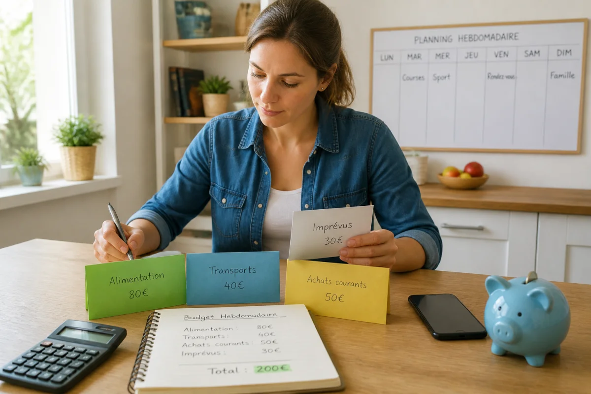 Personne gérant son budget et ses mensualités au quotidien avec des enveloppes de dépenses, une calculatrice et un carnet