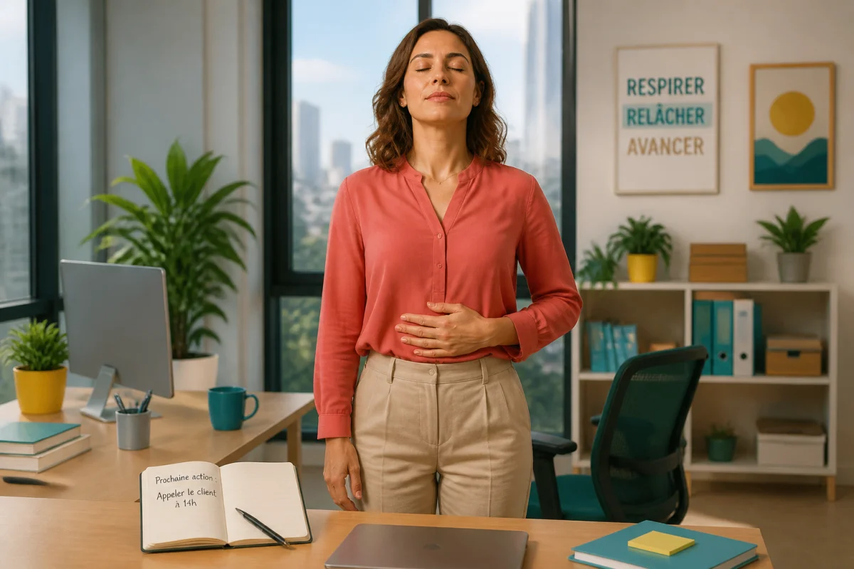 Personne respirant calmement au bureau pour gérer son stress au travail, dans un environnement professionnel lumineux et serein