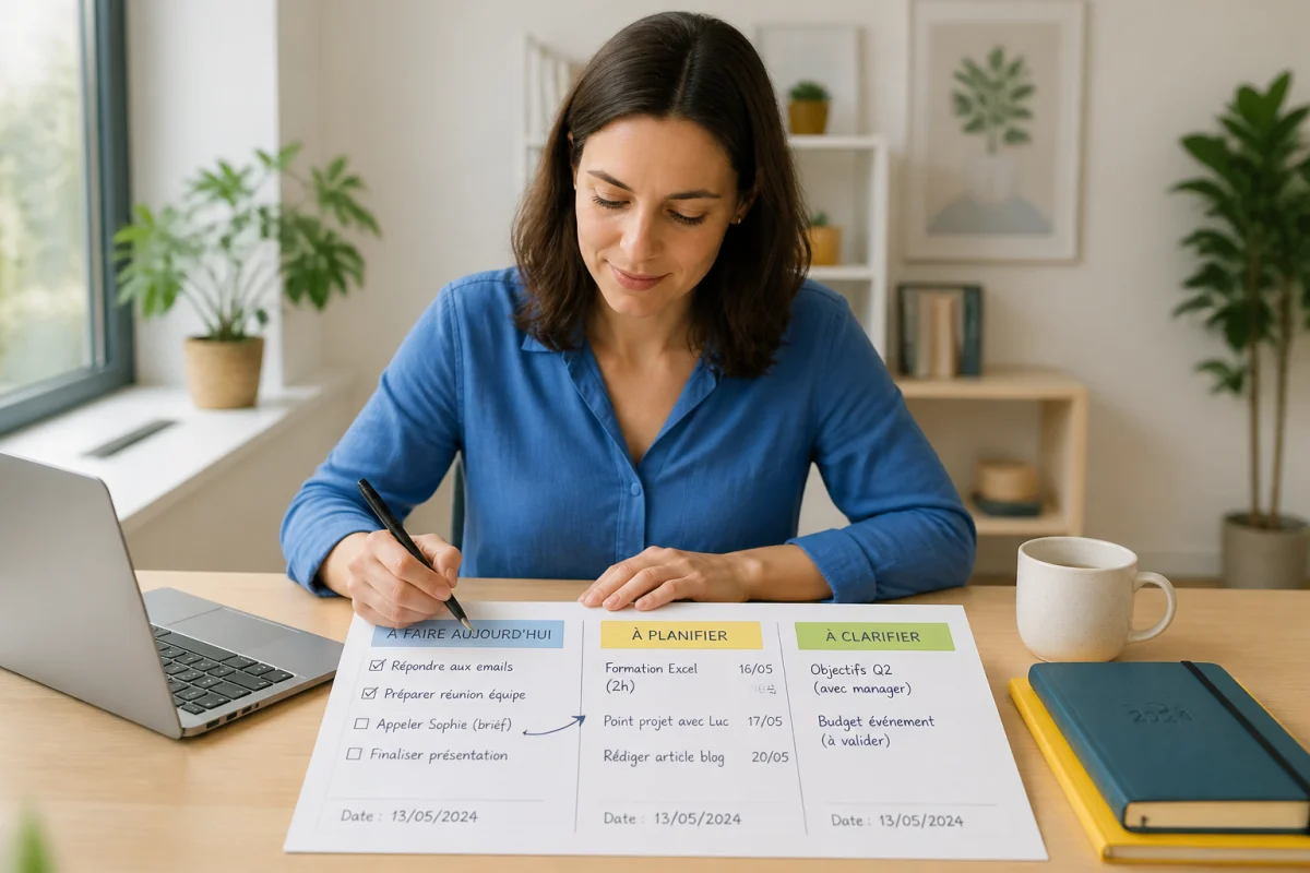 Professionnelle organisant ses tâches au bureau pour gérer son stress au travail, dans un espace lumineux et ordonné