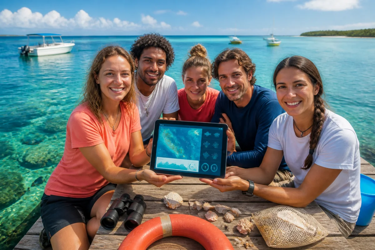 Équipe de passionnés présentant Greenawaymarine sur une tablette face à une baie turquoise riche en biodiversité marine