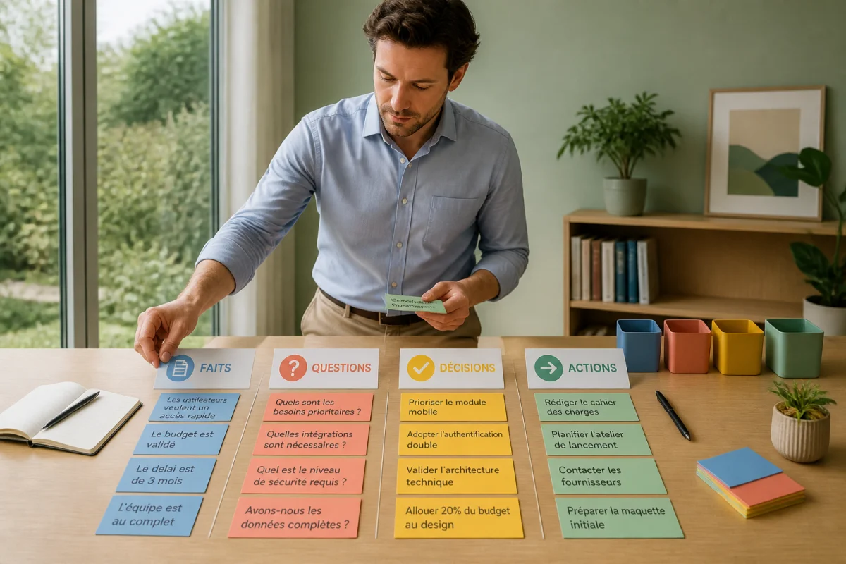 Méthodes pour organiser ses idées : classement de fiches en quatre catégories, faits, questions, décisions et actions