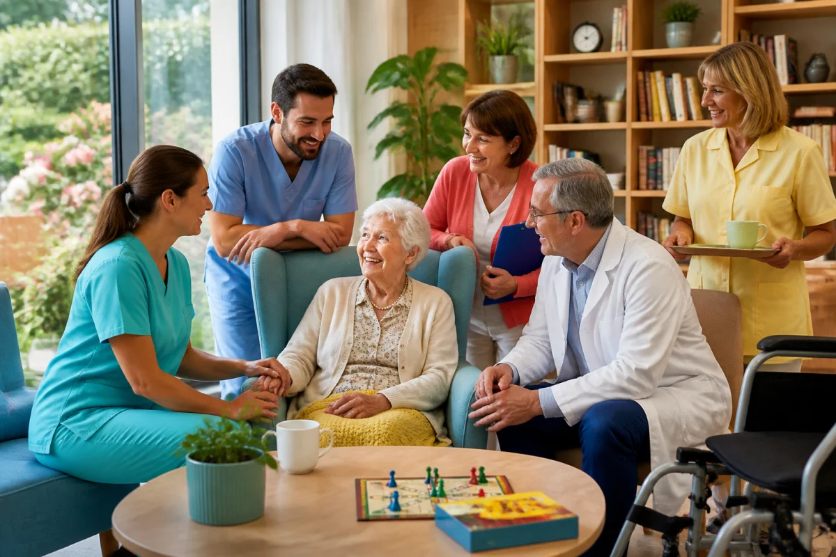 Résidente âgée souriante entourée d’une équipe pluridisciplinaire dans un salon lumineux d’Ehpad