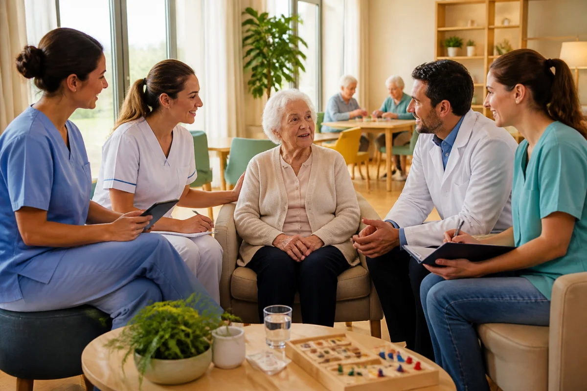 Équipe des métiers du grand âge en Ehpad réunie autour d’une résidente pour coordonner son accompagnement quotidien