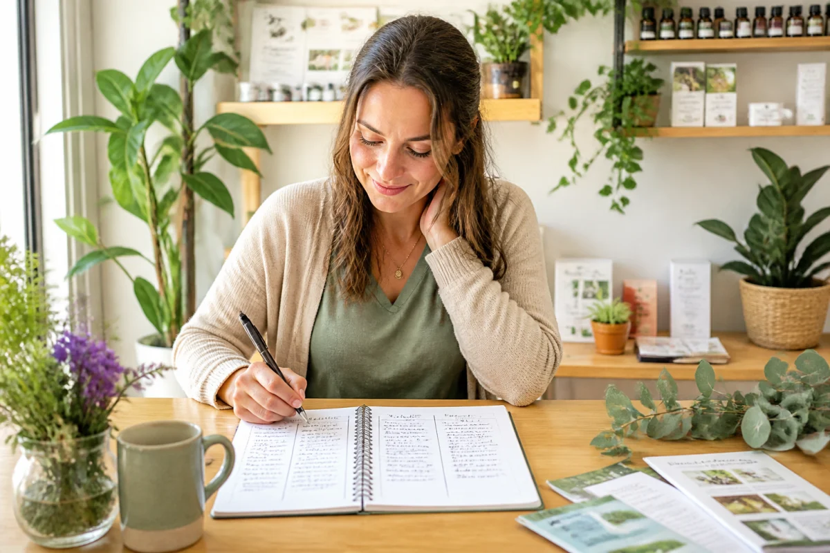 Personne préparant une consultation à la Naturheilpraxis Ehningen, carnet ouvert, plantes vertes et ambiance chaleureuse de santé naturelle.
