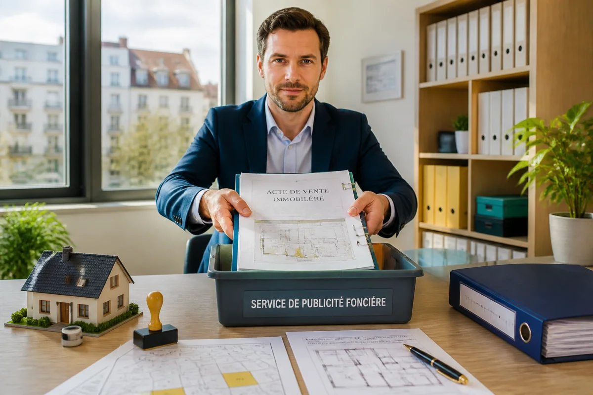 Notaire transmet l’acte de vente d’une maison aux impôts, avec plan cadastral et documents administratifs.