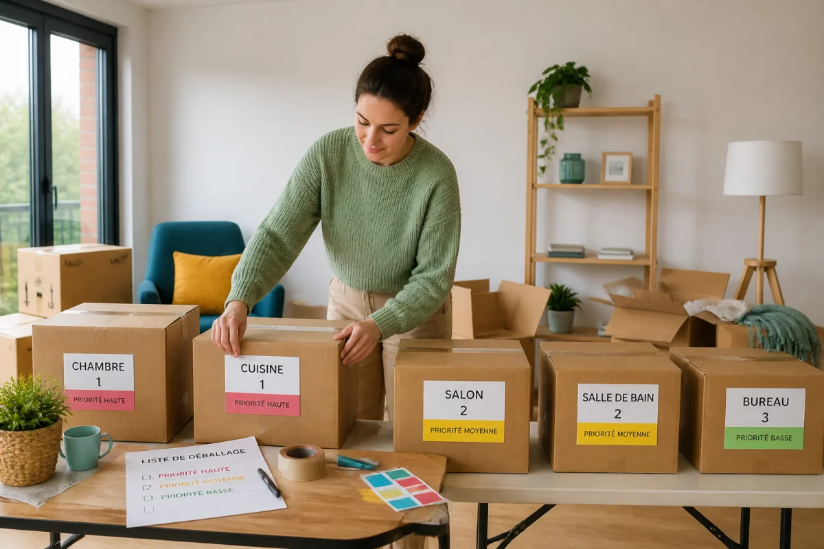 Organisation d’un déménagement : personne triant des cartons étiquetés par pièce dans un nouvel appartement lumineux