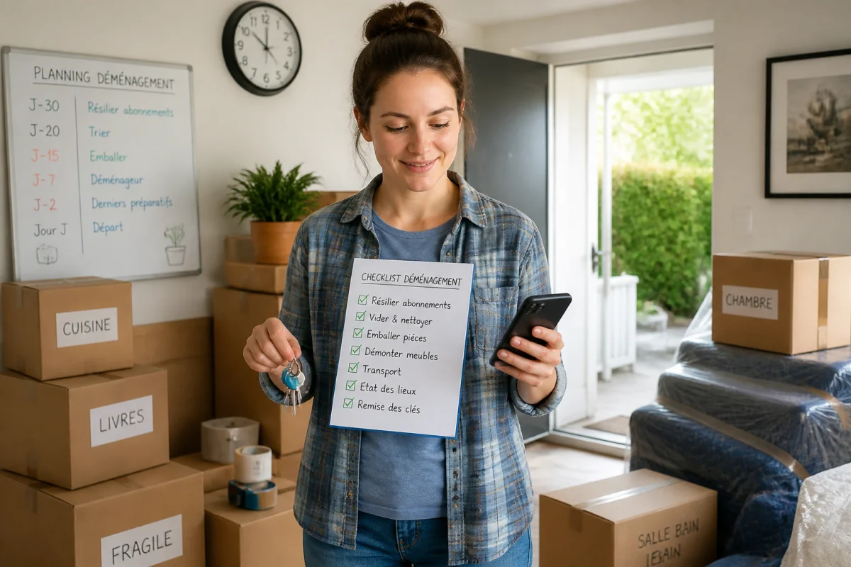 Personne consultant une checklist de déménagement, entourée de cartons étiquetés, smartphone et clés en main