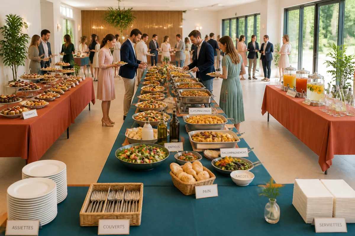 Buffet organisé pour une réception avec espaces distincts, parcours fluide, plats variés, desserts et boissons pour 30 convives.