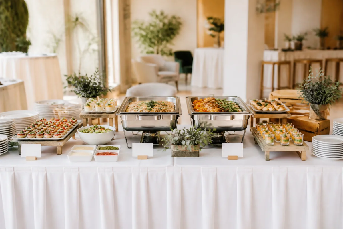Buffet élégant et organisé pour une réception, avec plats centraux, bouchées, sauces et étiquettes sur table.