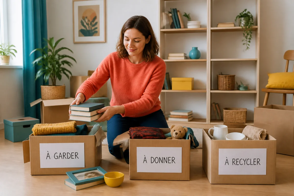 Personne sereine organisant un départ de maison avec trois cartons : garder, donner et recycler, dans une pièce lumineuse.