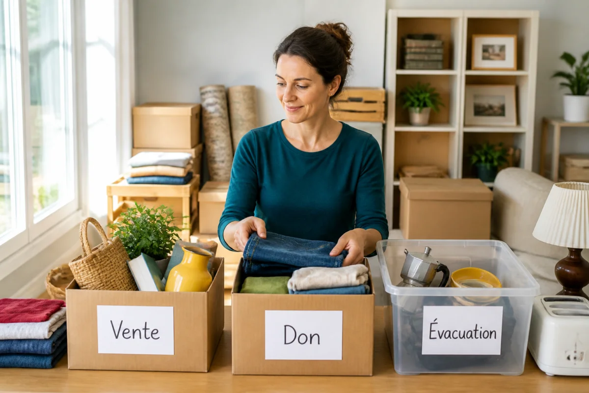 Personne sereine triant ses affaires en catégories vente, don et évacuation pour organiser un départ de maison sans stress.