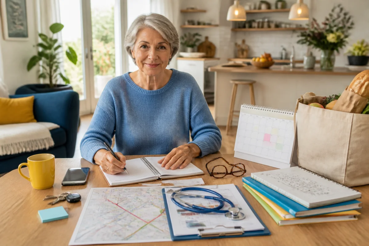 Personne retraitée organisant sereinement son départ à la retraite avec agenda, documents pratiques et calendrier autour d’une table.