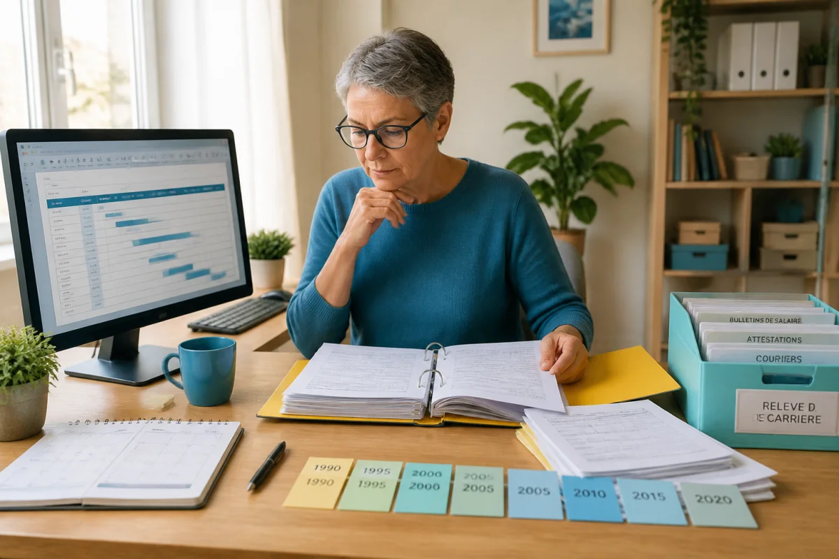 Personne proche de la retraite consultant son relevé de carrière et classant ses documents pour organiser un départ serein