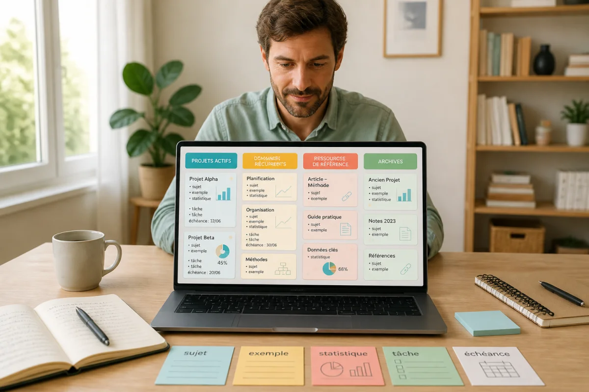 Personne organisant ses idées en ligne sur un tableau numérique réparti entre projets, ressources et archives