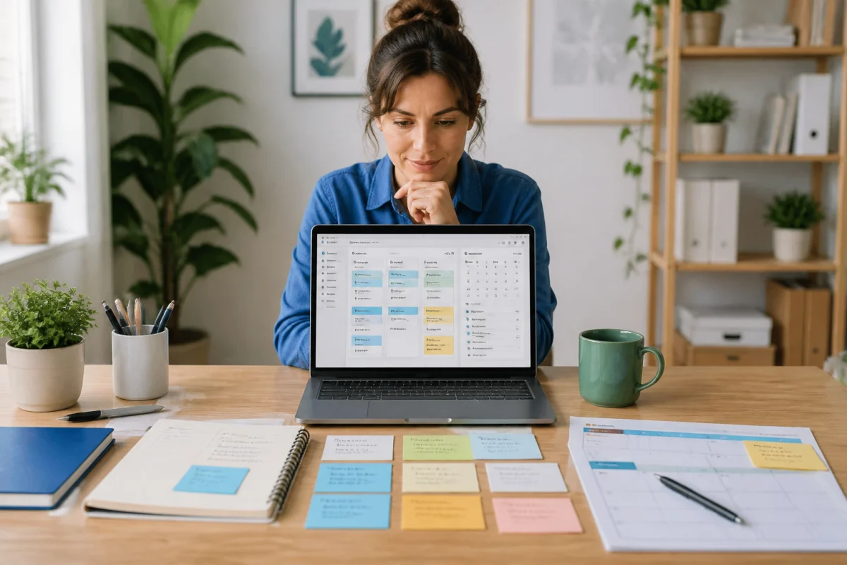 Personne organisant ses idées en ligne devant un ordinateur, avec carnet, fiches colorées et tableau de suivi méthodique