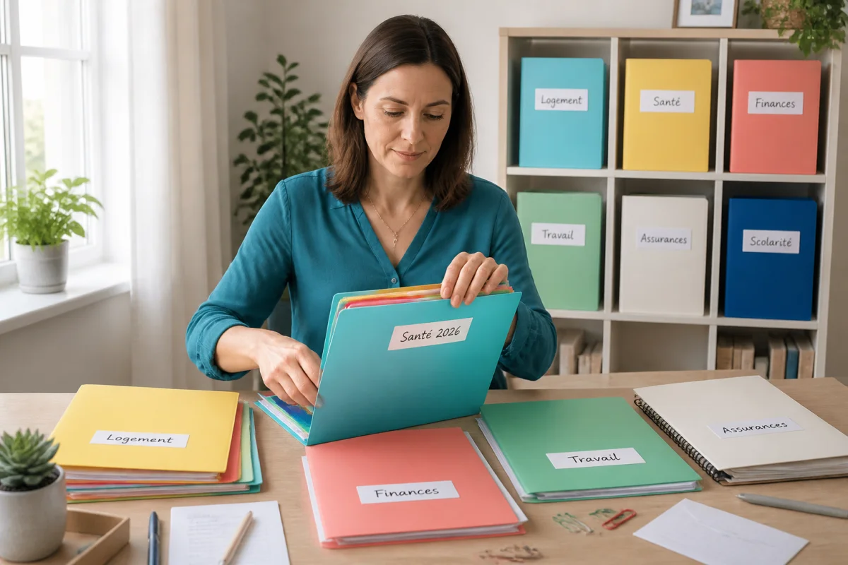 Personne organisant ses papiers administratifs dans des chemises colorées étiquetées, dont « Santé 2026 »