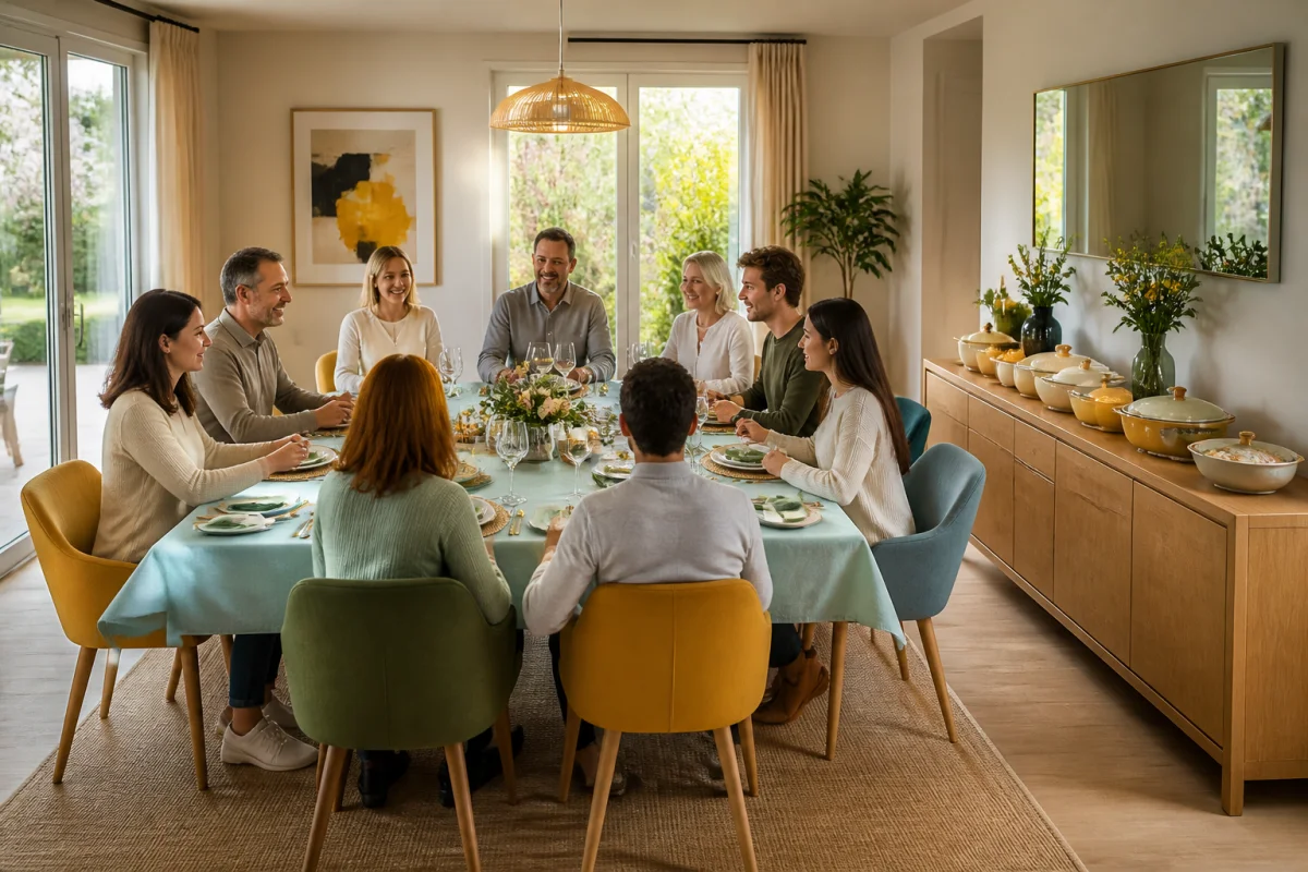 Table familiale organisée pour huit convives, avec buffet latéral et espace individuel pour organiser un repas de famille sans stress.