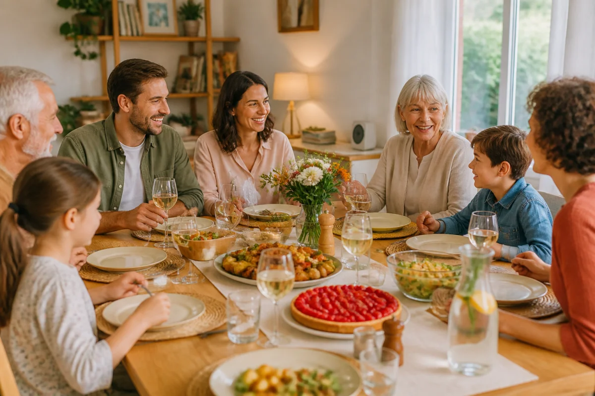 Repas de famille convivial autour d’une table dressée, avec plat à partager et dessert au centre.