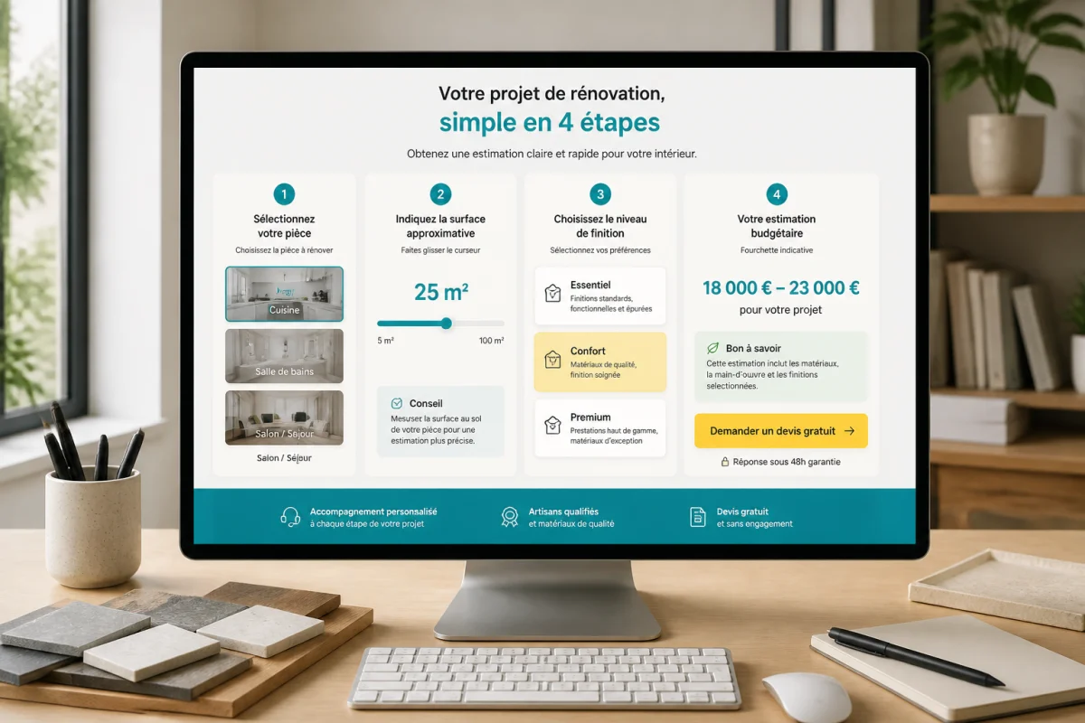 Page web interactive de rénovation affichant quatre étapes : pièce, surface, finition, estimation budgétaire et contact