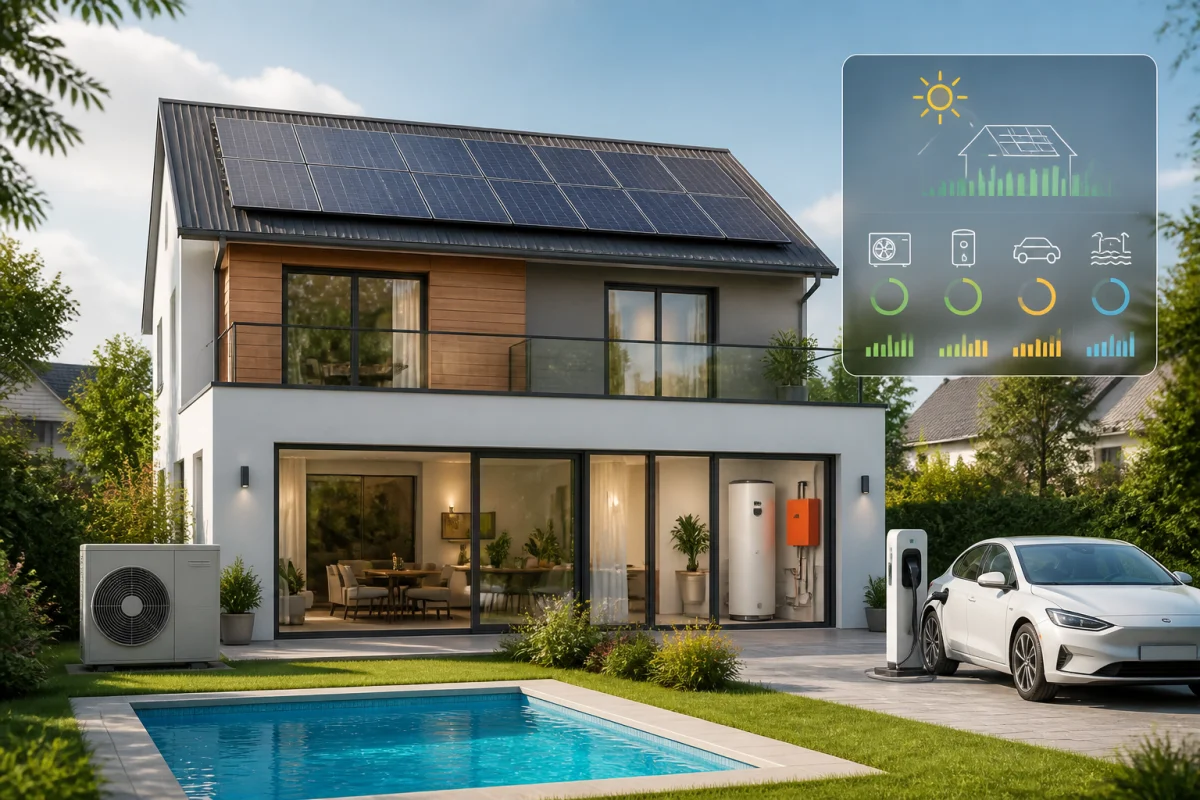 Maison contemporaine de 200 m² avec panneaux solaires, pompe à chaleur, piscine et borne de recharge électrique.