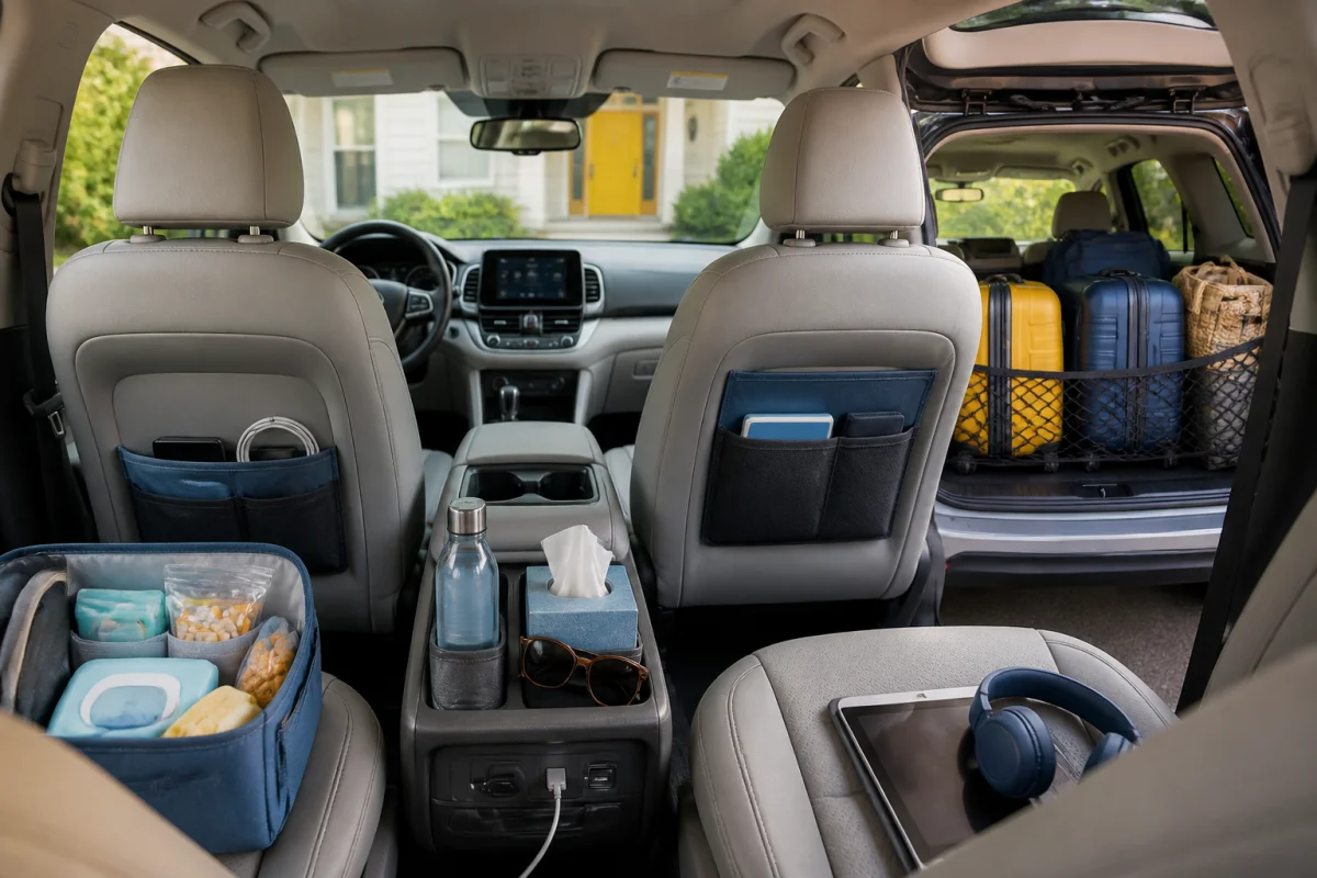 Habitacle familial organisé avec accessoires essentiels et bagages sécurisés pour préparer un long trajet en voiture sereinement