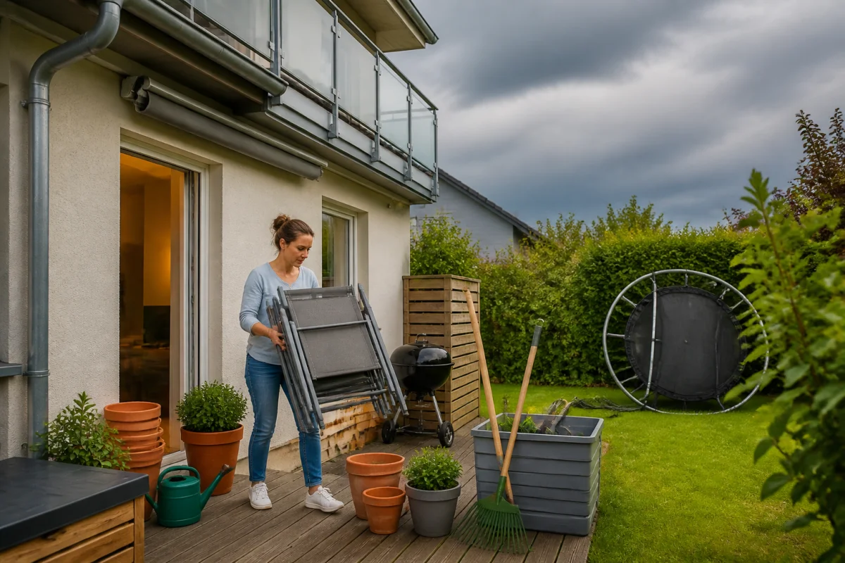 Personne rangeant le mobilier de jardin et sécurisant la terrasse avant un orage à la maison