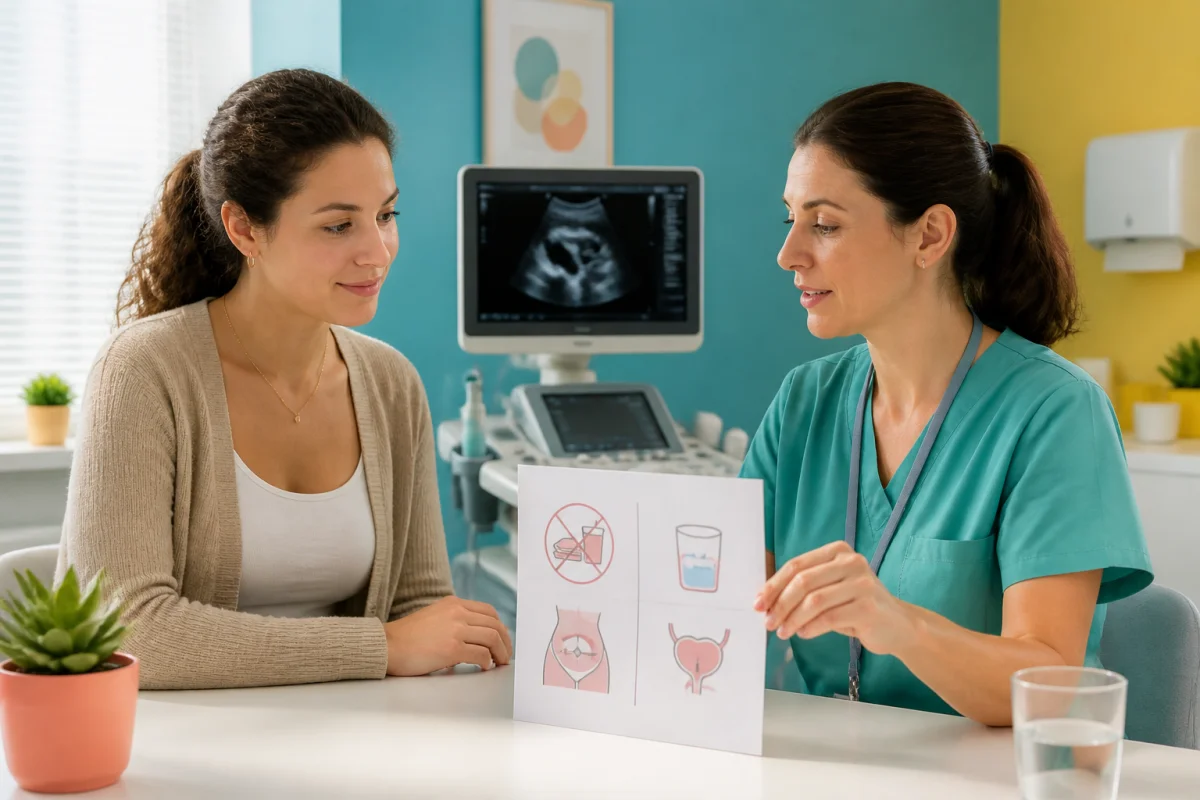 Patiente préparant un rendez-vous d’imagerie médicale avec une professionnelle, consignes d’échographie abdominale et pelvienne visibles