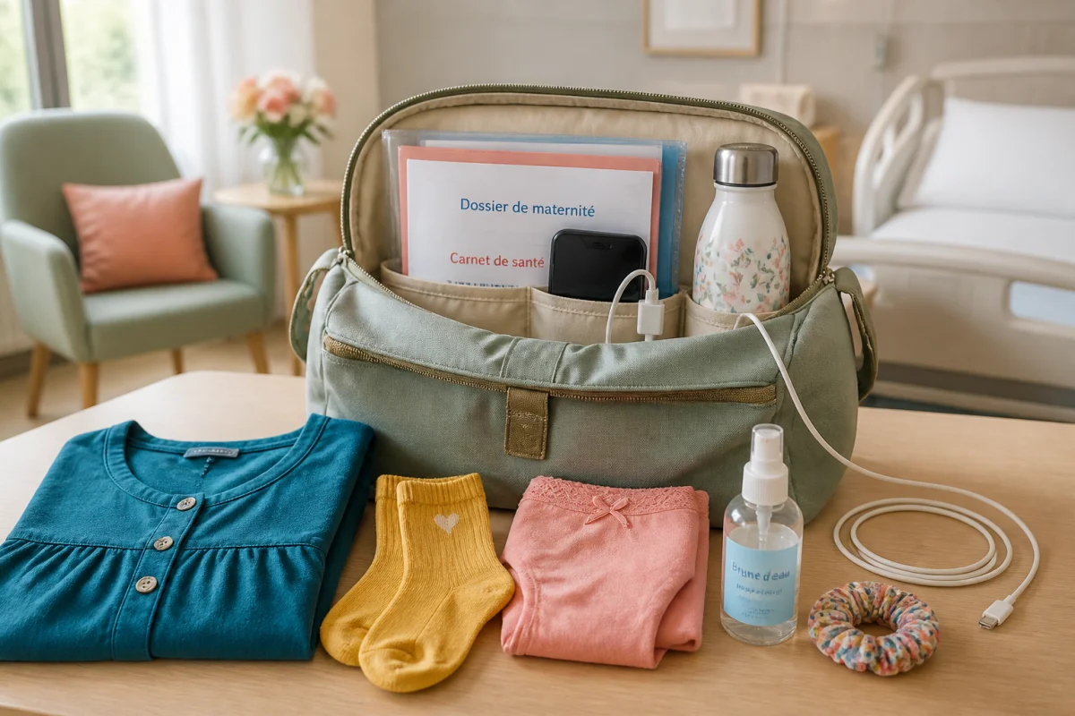 Valise de maternité ouverte contenant documents, tenue confortable, téléphone, bouteille d’eau et essentiels soigneusement organisés