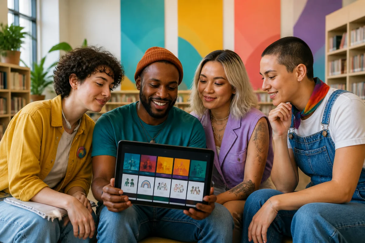 Groupe diversifié consultant une tablette dans un espace inclusif, illustrant l’univers accueillant de Pride Avenue
