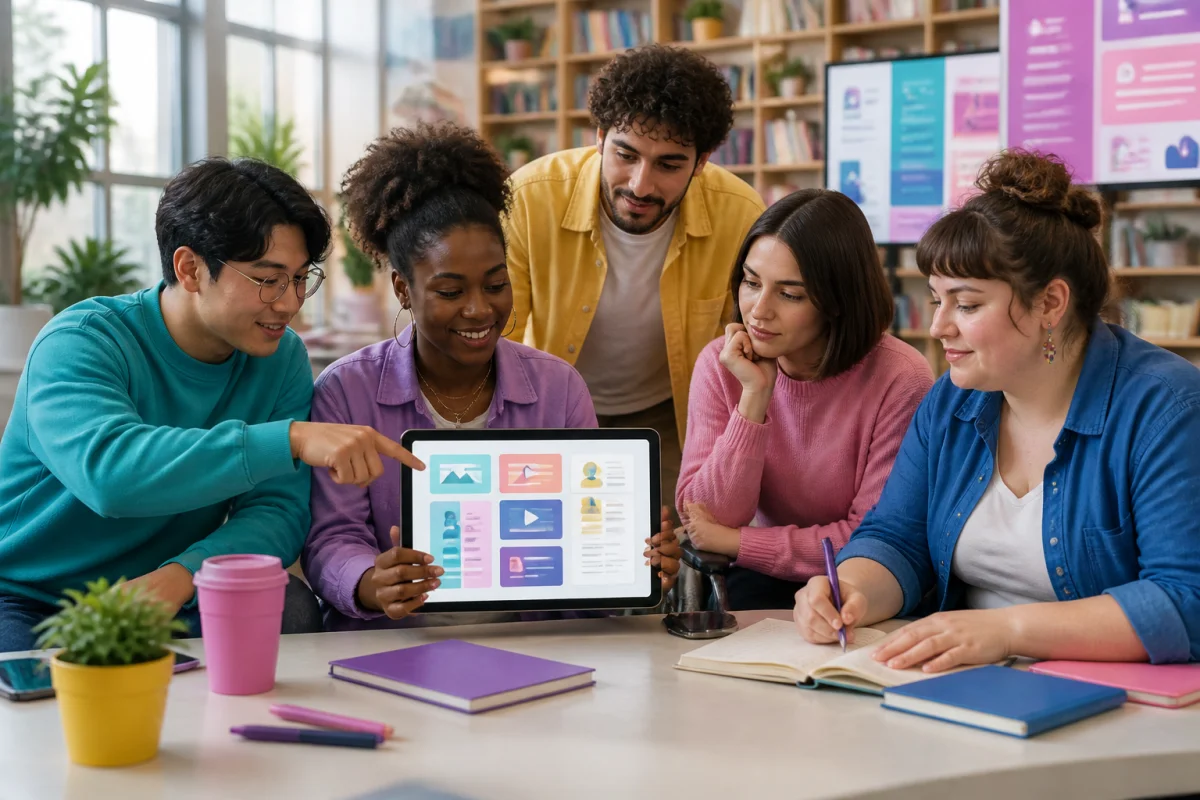 Jeunes adultes diversifiés découvrant Pride Avenue sur une tablette, dans un espace lumineux, coloré et inclusif