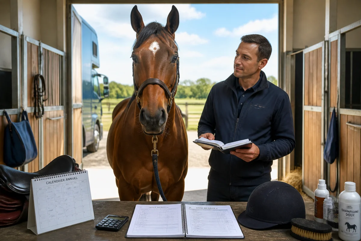 Cheval de course athlétique et entraîneur dans une écurie professionnelle, entourés de documents illustrant le budget et les dépenses