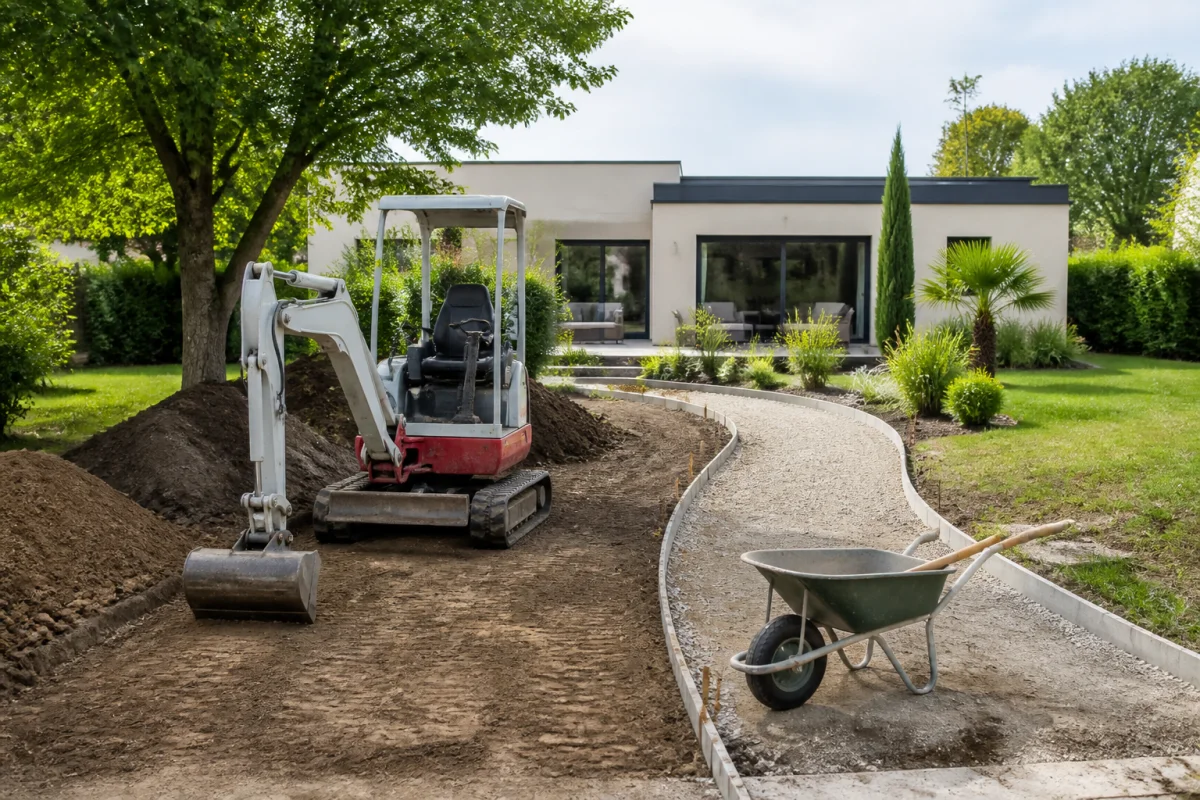 prix terrassement jardin 2026 c578 1 Mini-pelle nivelant un jardin et une allée résidentielle en préparation pour un terrassement paysager