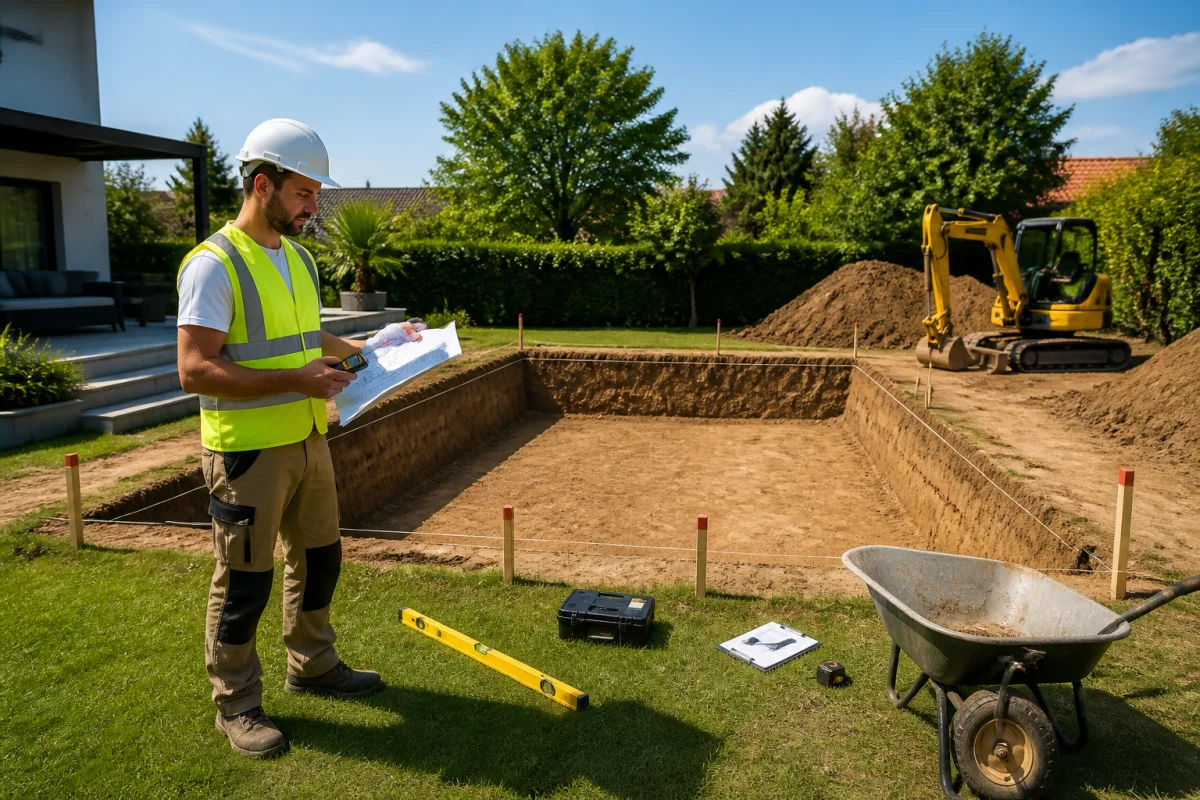 Terrassement de piscine résidentielle en cours, illustrant combien coûte un terrassement avec plan et engin compact.
