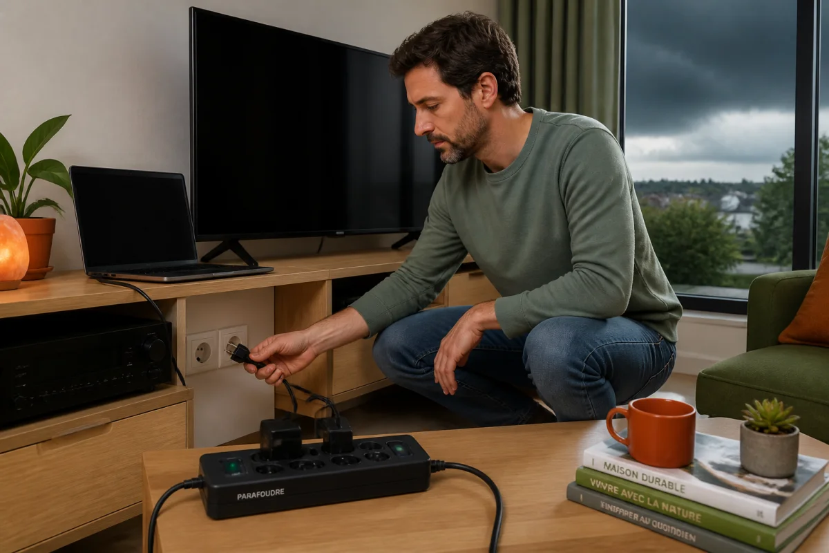 Adulte débranchant ordinateur et télévision pendant un orage, avec multiprise parafoudre visible dans un salon.