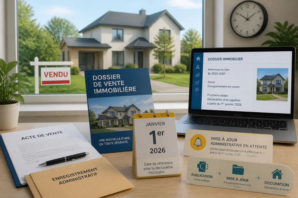 Dossier de vente immobilière devant une maison, calendrier du 1er janvier 2026 et notification de mise à jour administrative.