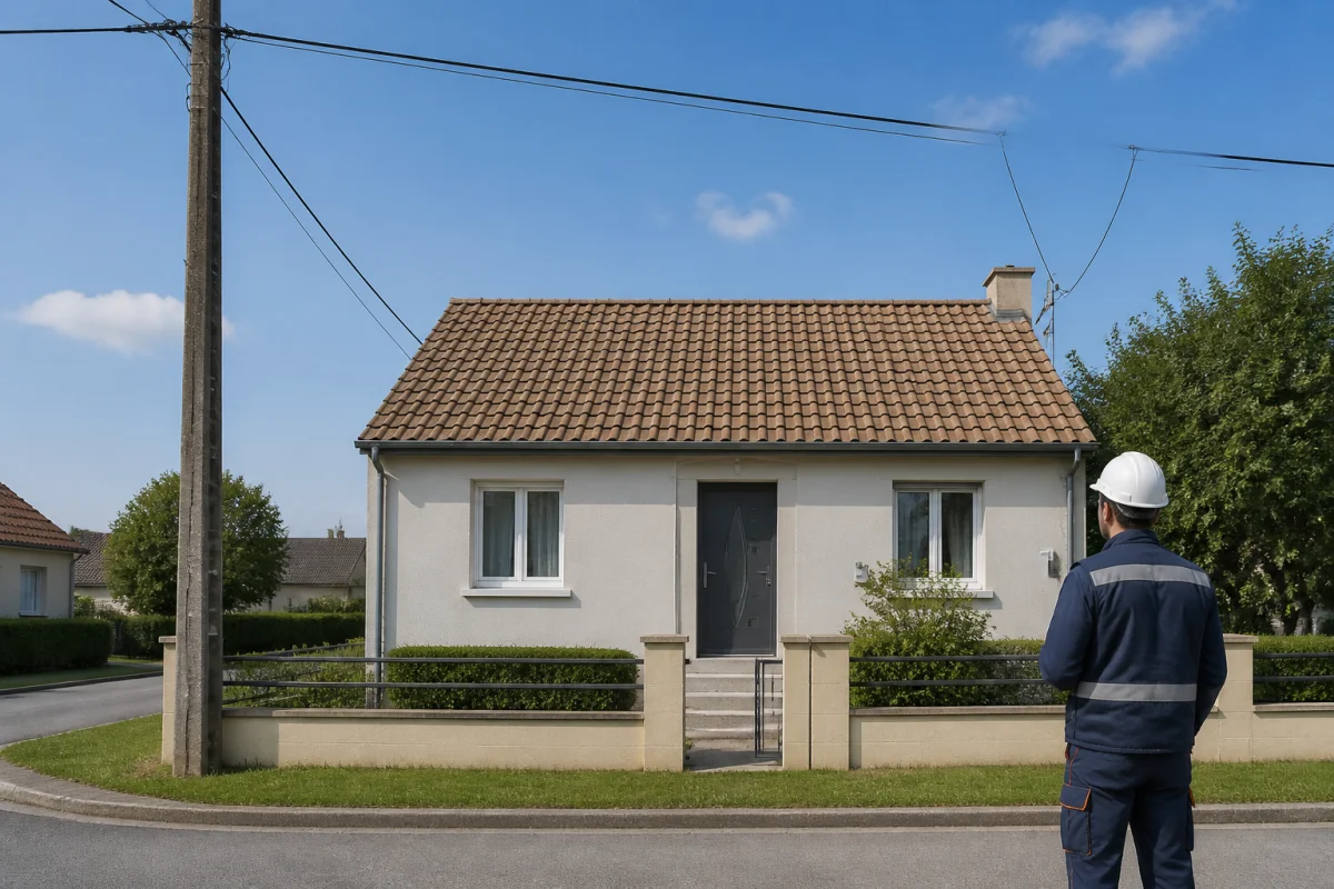 Technicien raccordant une maison individuelle au réseau de fibre optique via un câble aérien depuis un poteau télécom