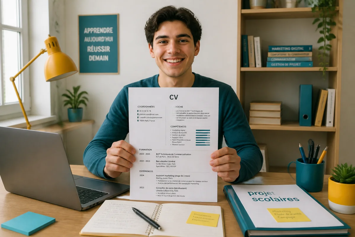 Jeune adulte souriant rédigeant un CV sans expérience devant un ordinateur portable dans un espace de travail lumineux