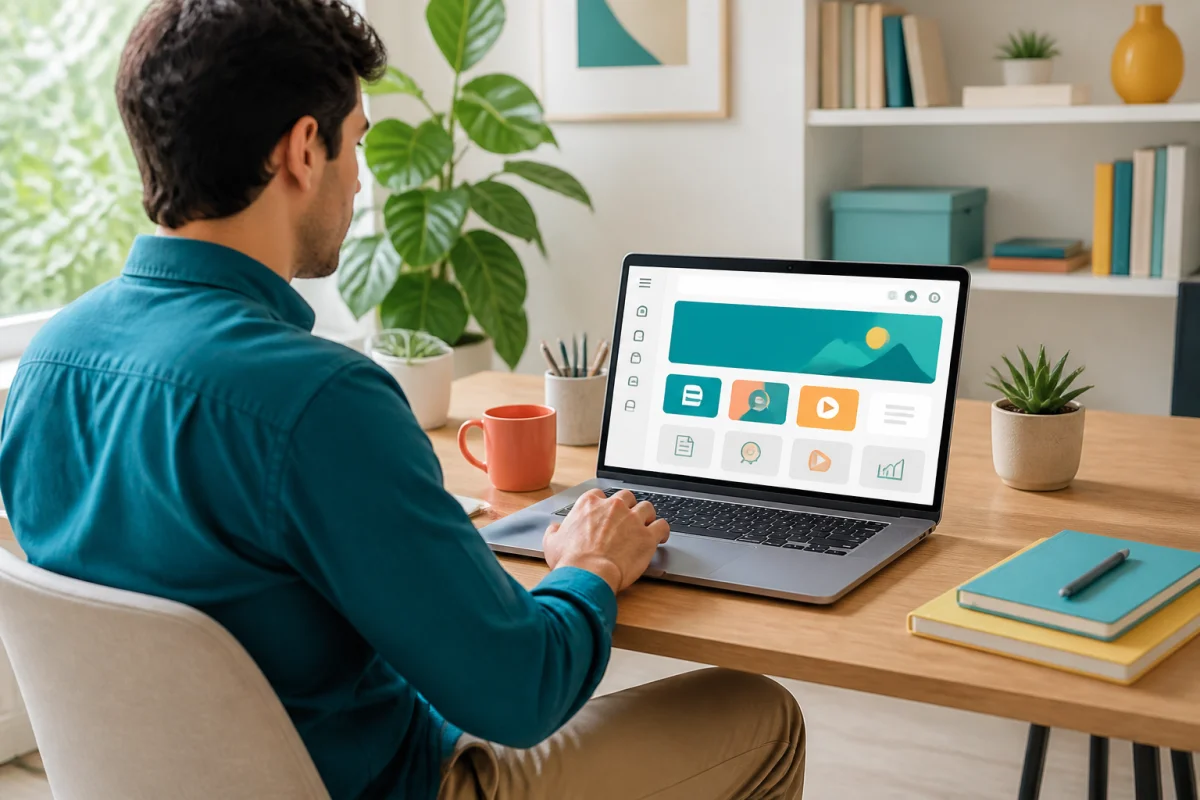 Visiteur consultant Swiris sur ordinateur, une interface claire présentant des ressources en ligne classées et accessibles progressivement