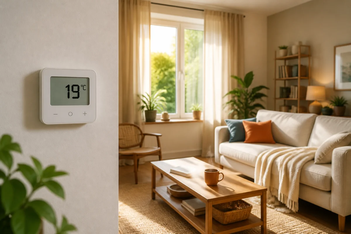 Salon confortable avec thermostat affichant 19 °C, illustrant la température idéale d’une maison bien aménagée
